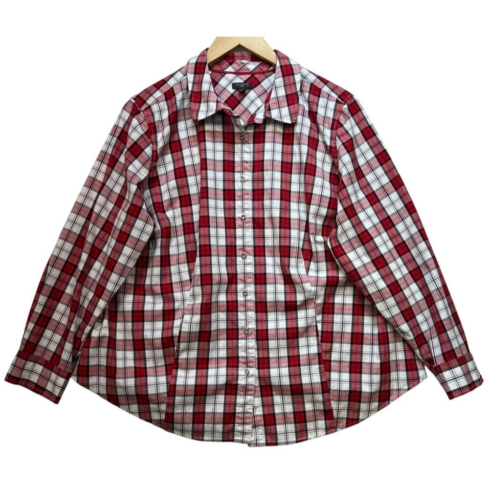 Talbots Plus Women's Cotton Button Up Blouse Long Sleeve Size 18W Red White Plai
